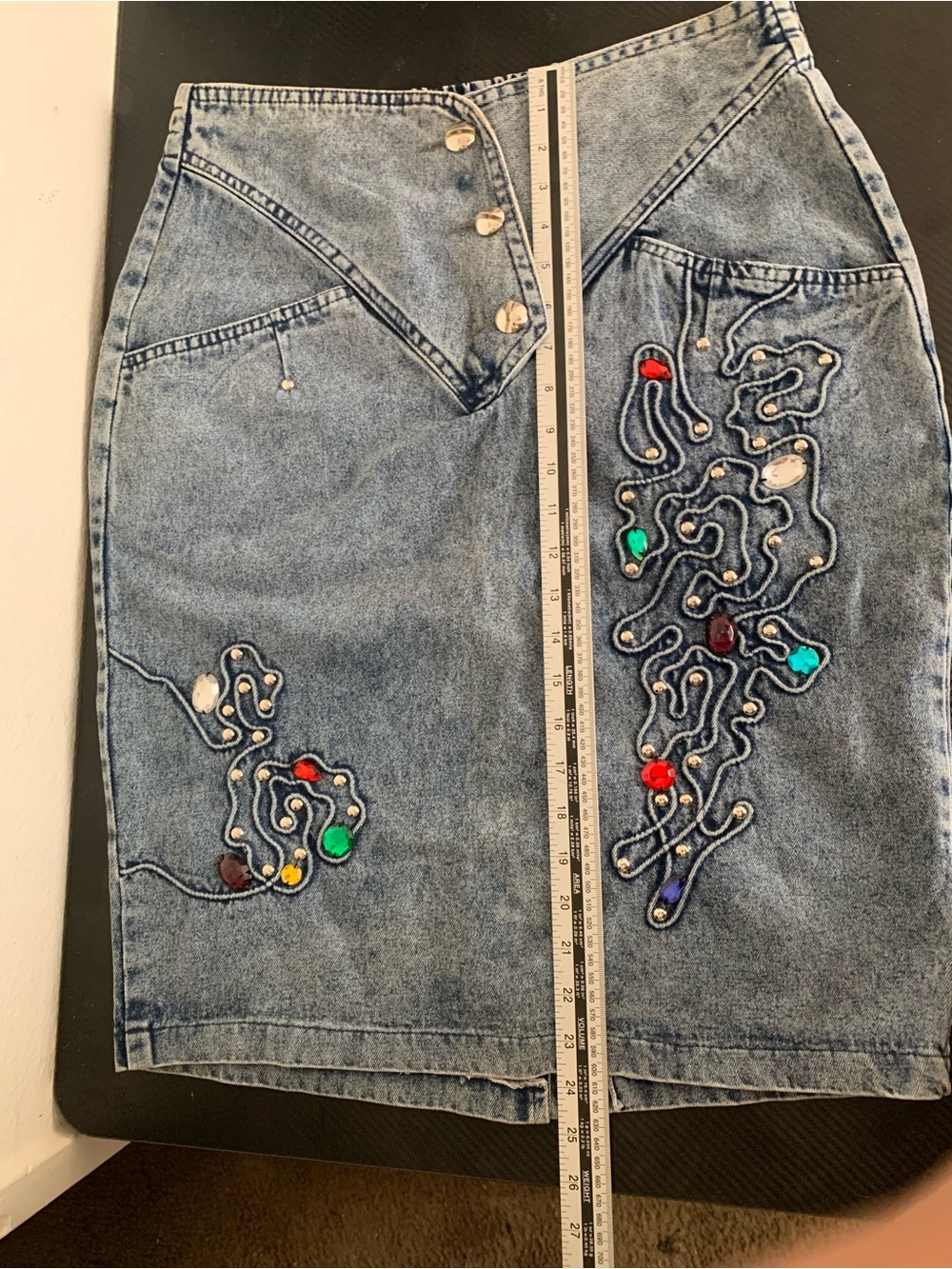 Embellished Light Wash Denim Skirt with Colorful Accents